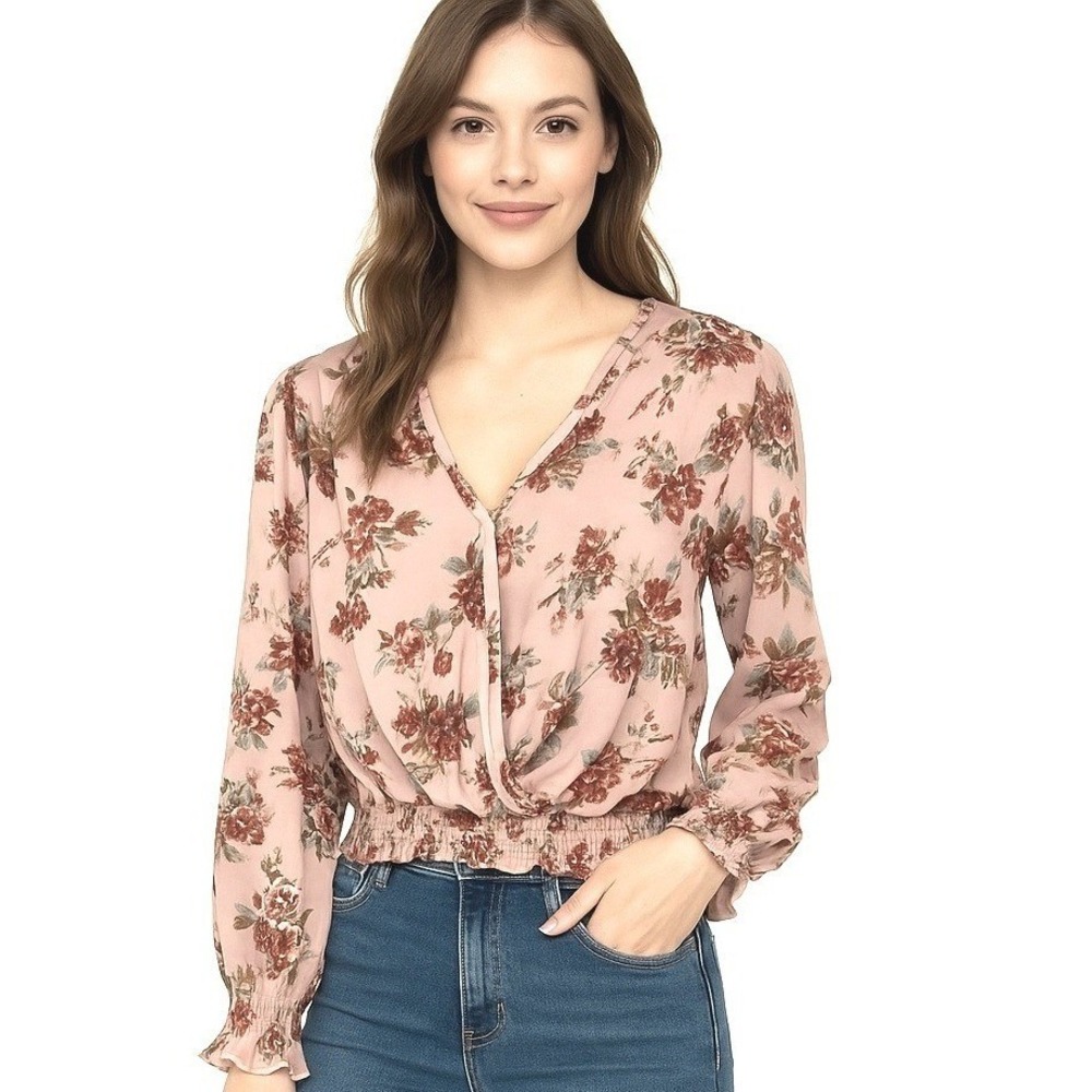 Ultra Flirt Blouse Size Large‎ Pink Floral Long Sleeve V Neck Ruch Smocked Waist
